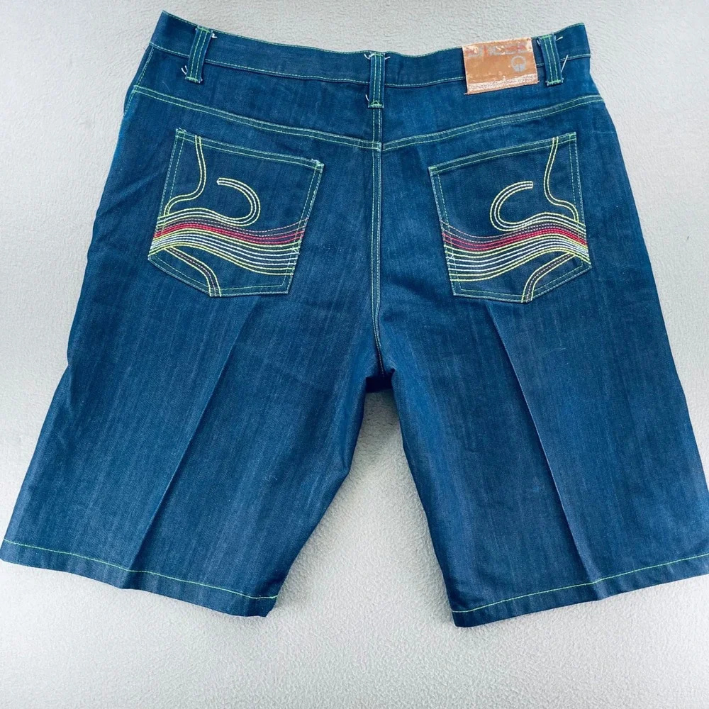 EMCEE Denim Jorts Men 44 Baggy Y2K Multicolor Embroidered Pocket Hip Hop